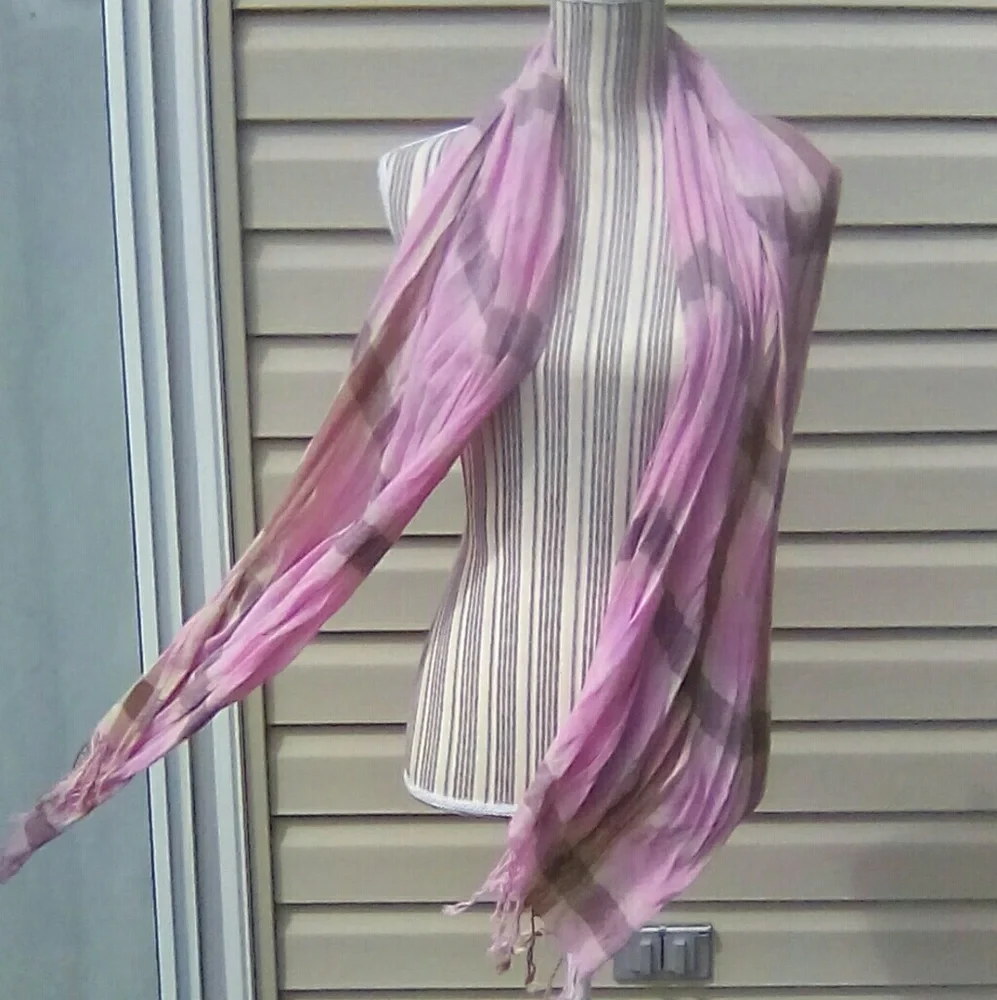 Designer Pink & Brown Plaid Scarf with Fringe